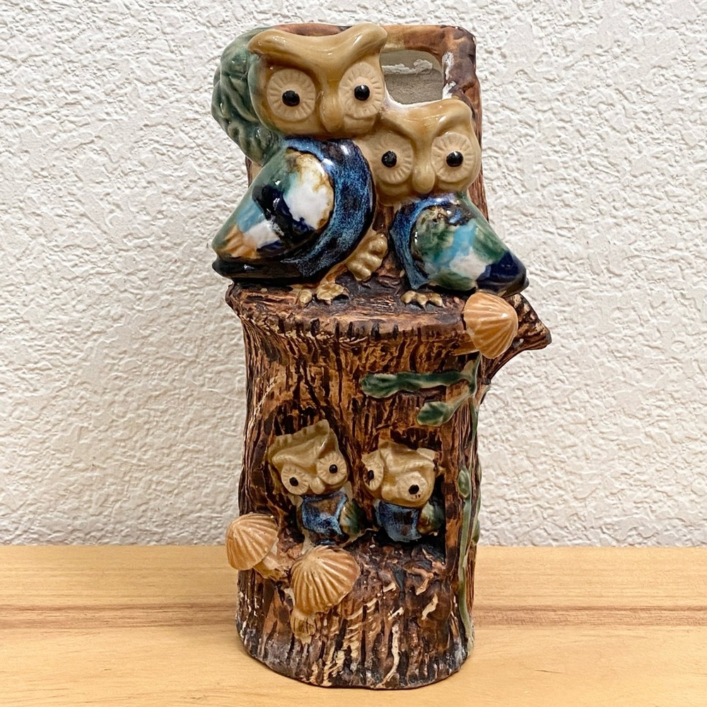 MidMod Mid Century Modern Ceramic Pottery Owl Family Tree Trunk Mushroom Vase
